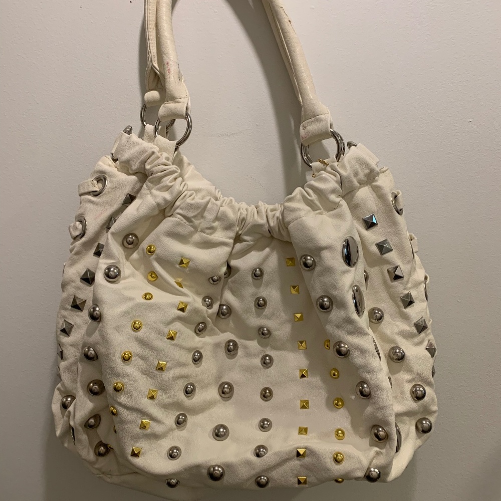 White leather- Studded Shoulder Bag